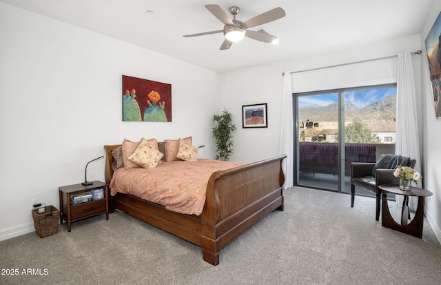 carpeted bedroom with ceiling fan and access to outside