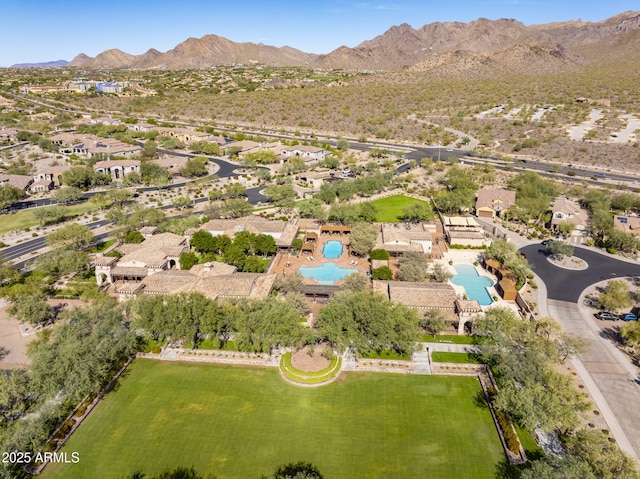 drone / aerial view featuring a mountain view