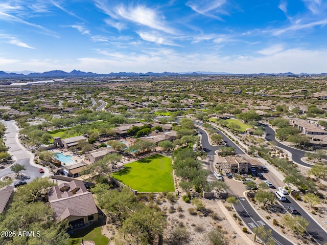 drone / aerial view featuring a mountain view