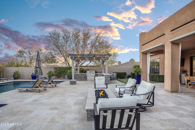 patio terrace at dusk with a fenced in pool, a pergola, a fire pit, and area for grilling