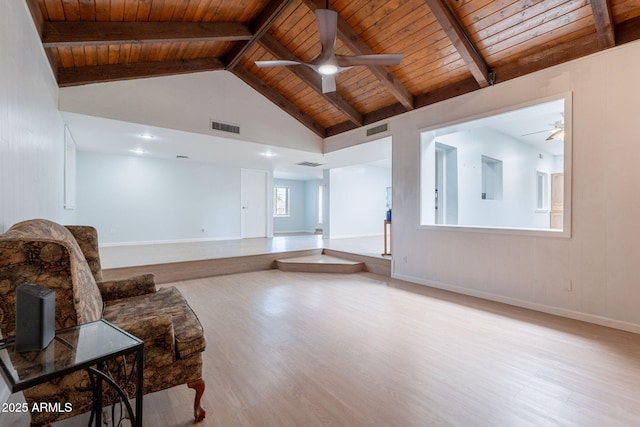 405 E Stanford Ave, Gilbert, AZ 85234 - unfurnished room with ceiling fan, wooden ceiling with exposed beams, wood finished floors, high vaulted ceiling, and baseboards
