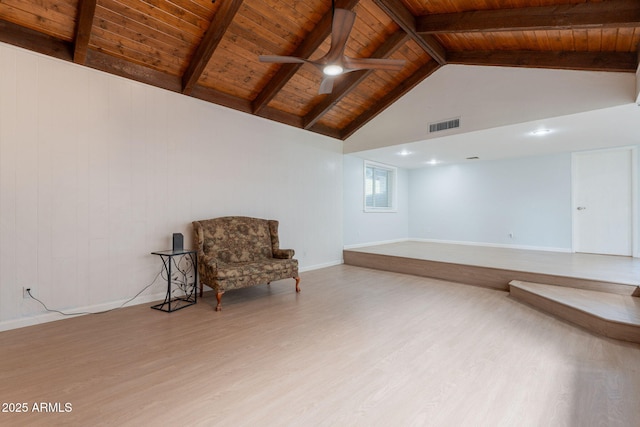405 E Stanford Ave, Gilbert, AZ 85234 - unfurnished room with wooden ceiling with exposed beams, wood finished floors, high vaulted ceiling, ceiling fan, and baseboards