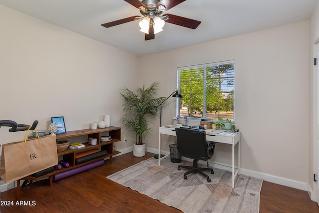 home office featuring ceiling fan, baseboards, and wood finished floors