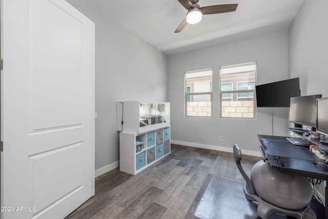 office space featuring ceiling fan and dark hardwood / wood-style floors