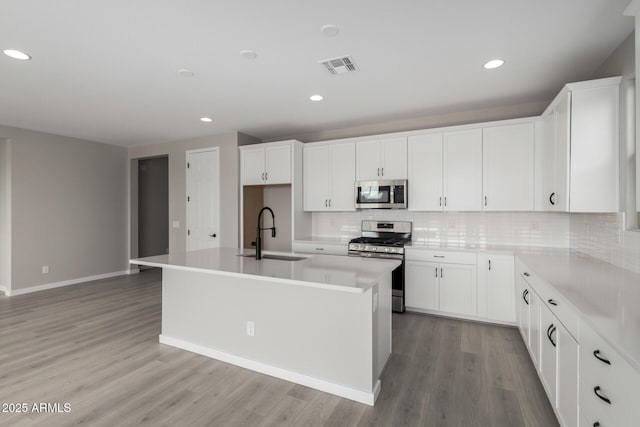 kitchen featuring white cabinetry, stainless steel appliances, sink, and a center island with sink