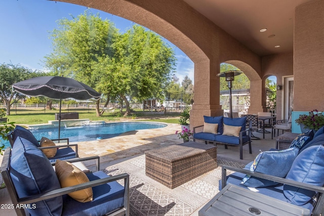 view of patio with an outdoor hangout area, fence, and an outdoor pool