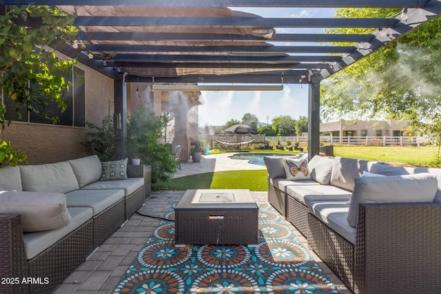 view of patio / terrace featuring an outdoor hangout area, fence, and a pergola