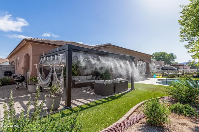 rear view of property featuring fence, a patio, stucco siding, an outdoor living space, and a yard