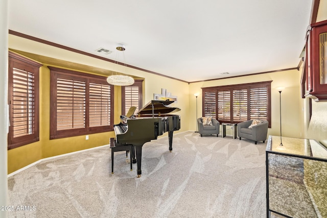 31453 N Blackfoot Dr, San Tan Valley, AZ 85143 - living area featuring carpet floors, ornamental molding, and baseboards