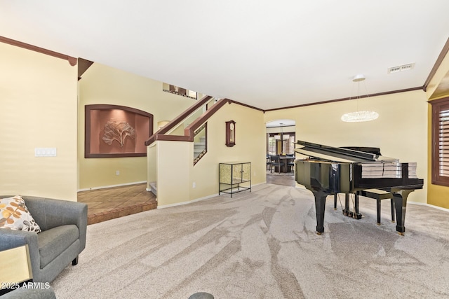 31453 N Blackfoot Dr, San Tan Valley, AZ 85143 - living area with carpet floors, baseboards, ornamental molding, stairs, and a chandelier