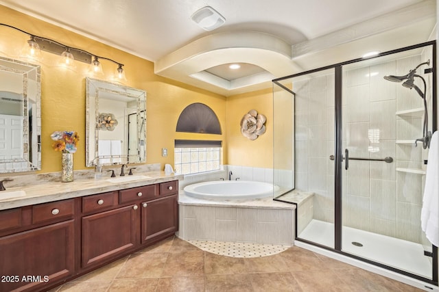 31453 N Blackfoot Dr, San Tan Valley, AZ 85143 - bathroom featuring a garden tub, a stall shower, double vanity, and tile patterned floors
