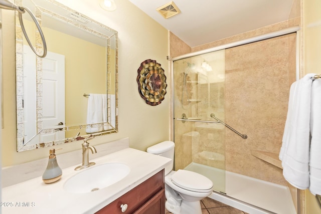 31453 N Blackfoot Dr, San Tan Valley, AZ 85143 - bathroom featuring a stall shower, vanity, toilet, and tile patterned floors