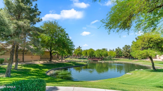 view of home's community featuring a lawn and a water view