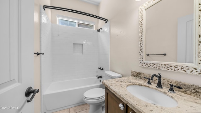 bathroom with vanity, bathtub / shower combination, and toilet