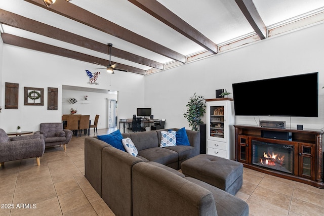 858 W Knowles Cir, Mesa, AZ 85210 - living area featuring light tile patterned floors, beamed ceiling, and ceiling fan