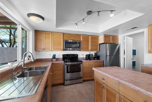 858 W Knowles Cir, Mesa, AZ 85210 - kitchen featuring appliances with stainless steel finishes, a tray ceiling, a textured ceiling, tile patterned flooring, and rail lighting