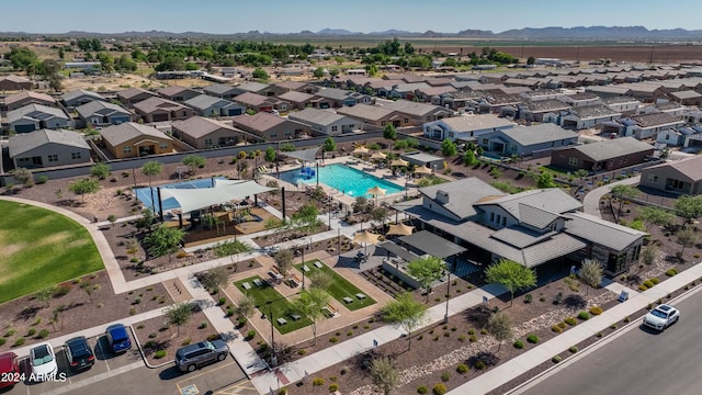 birds eye view of property featuring a residential view and a mountain view