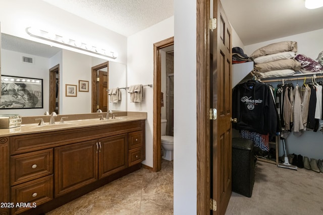 bathroom with vanity, a textured ceiling, and toilet