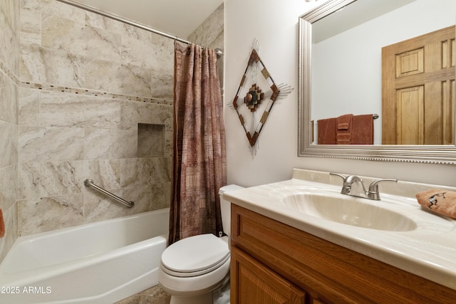 full bathroom featuring vanity, shower / bath combo, and toilet