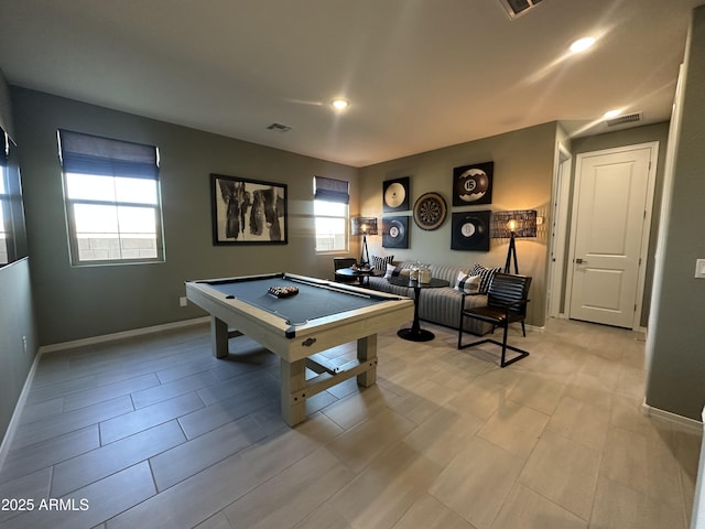 recreation room with billiards, visible vents, and baseboards