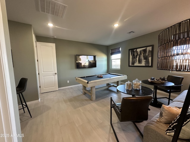 rec room featuring recessed lighting, visible vents, billiards, and baseboards