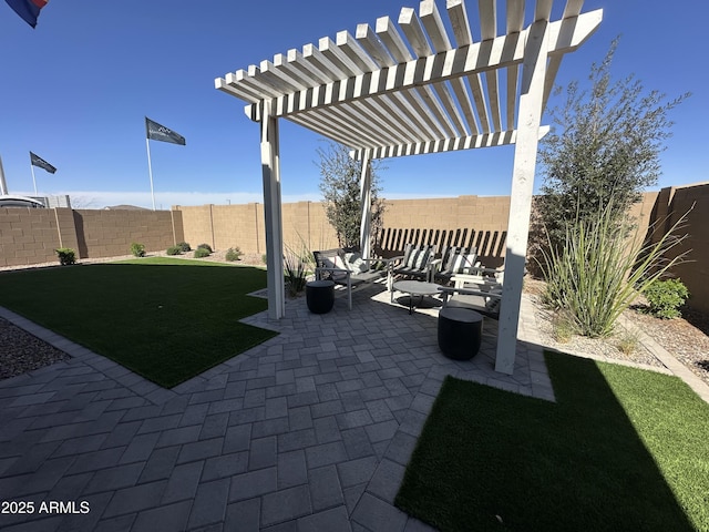 view of patio / terrace featuring a fenced backyard and a pergola