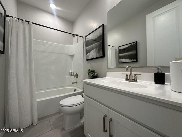 bathroom with toilet, tile patterned floors, vanity, and shower / tub combo with curtain