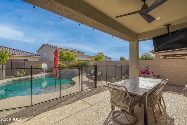 view of pool featuring a patio and ceiling fan