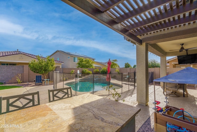 view of swimming pool featuring a pergola, a patio area, ceiling fan, and central air condition unit