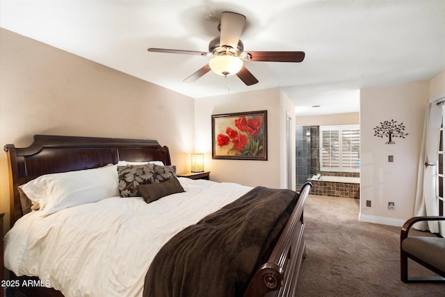 carpeted bedroom featuring ceiling fan and connected bathroom