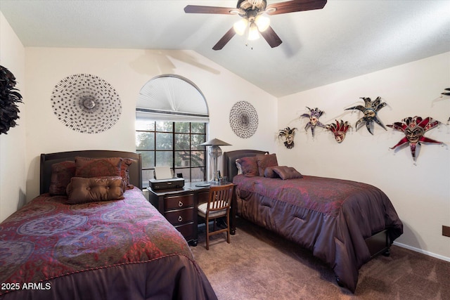 bedroom featuring ceiling fan, vaulted ceiling, and carpet