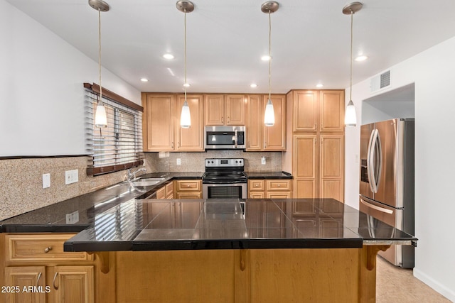 4629 S Mill Ave, Tempe, AZ 85282 - kitchen featuring stainless steel appliances, a peninsula, a kitchen breakfast bar, decorative backsplash, and recessed lighting