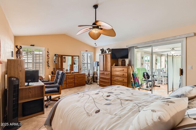 bedroom with light tile patterned floors, access to outside, multiple windows, and lofted ceiling