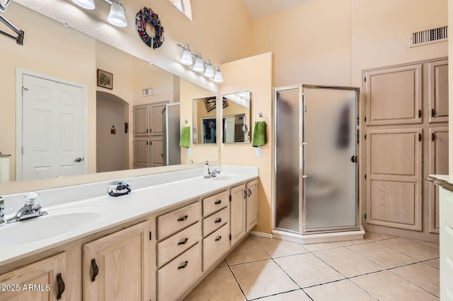 full bathroom with a sink, visible vents, a shower stall, and tile patterned floors