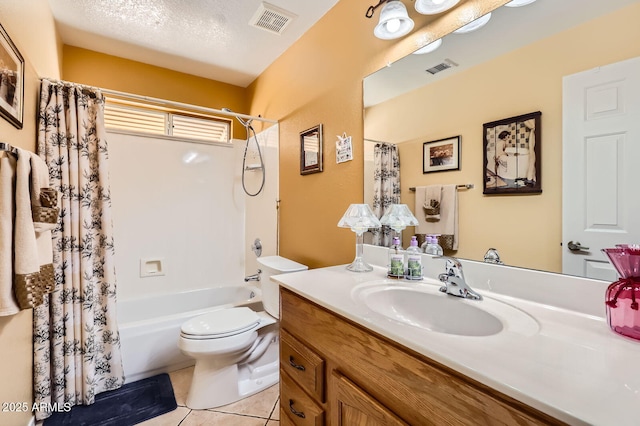 bathroom featuring visible vents, shower / tub combo with curtain, toilet, vanity, and tile patterned flooring