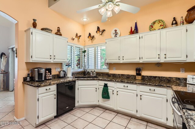kitchen featuring light tile patterned floors, ceiling fan, dishwasher, a sink, and white cabinetry