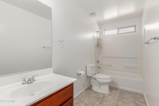 full bathroom with vanity, tub / shower combination, tile patterned floors, and toilet