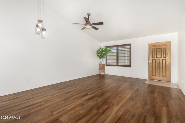 unfurnished room featuring ceiling fan, high vaulted ceiling, and hardwood / wood-style floors