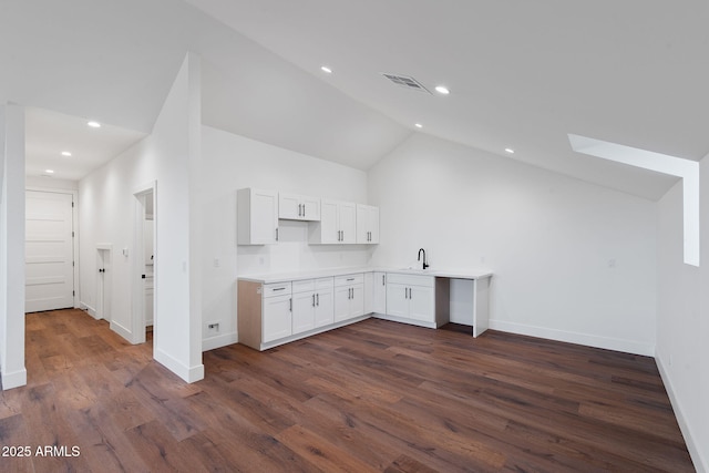 kitchen with baseboards, visible vents, dark wood-style floors, and a sink
