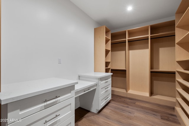 walk in closet featuring built in desk and light wood-type flooring