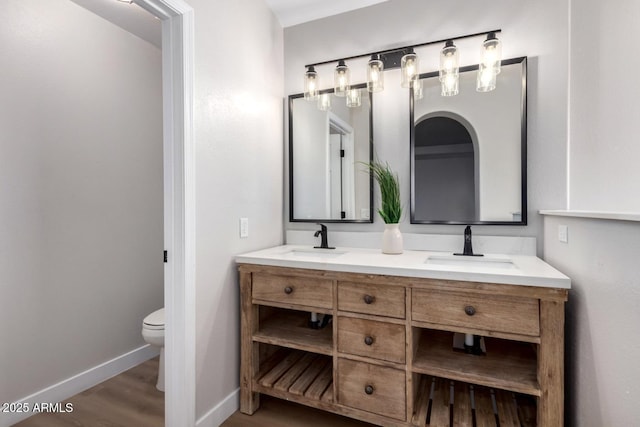 bathroom featuring vanity, toilet, and wood-type flooring