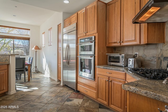 kitchen featuring premium range hood, appliances with stainless steel finishes, tasteful backsplash, and dark stone countertops