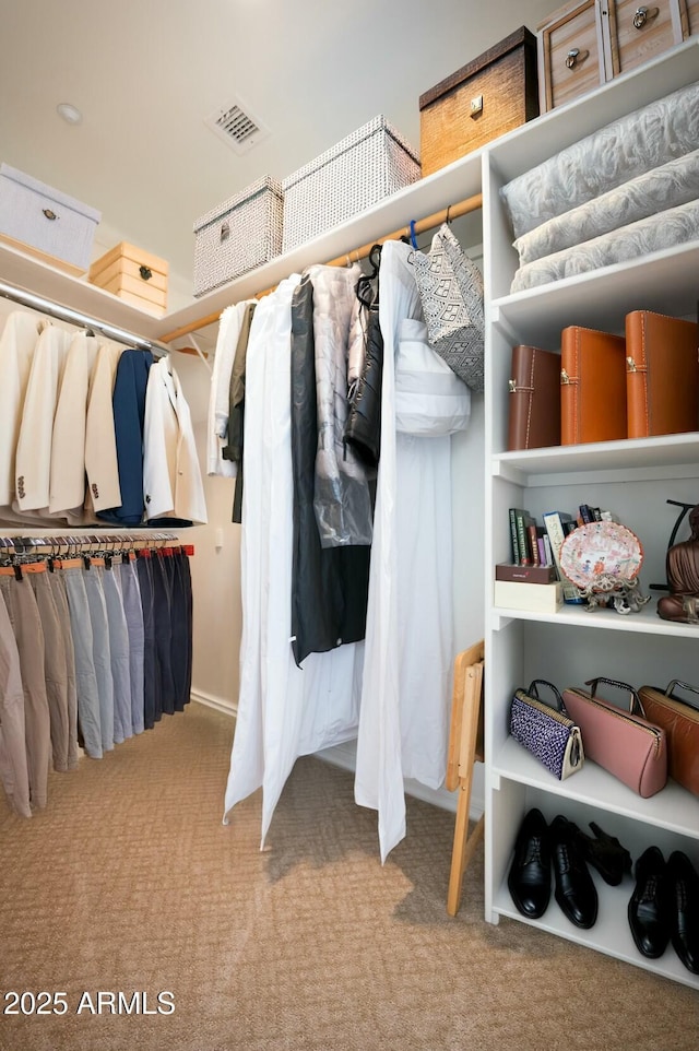 walk in closet featuring light colored carpet