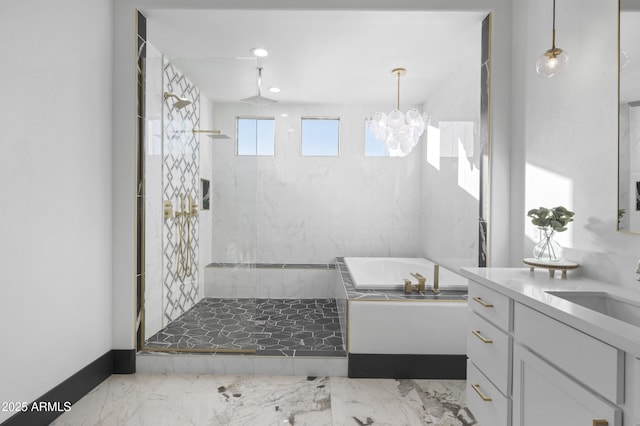 bathroom featuring vanity, tiled shower, recessed lighting, a garden tub, and marble finish floor