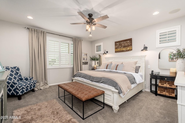 carpeted bedroom featuring recessed lighting, baseboards, and ceiling fan