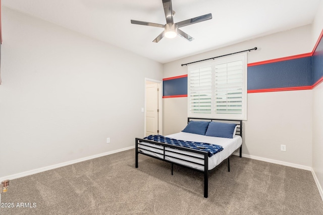 bedroom with a ceiling fan, carpet, and baseboards