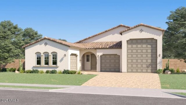 25233 N 177th Dr, Surprise, AZ 85387 - mediterranean / spanish-style home featuring a garage, a tile roof, driveway, and stucco siding