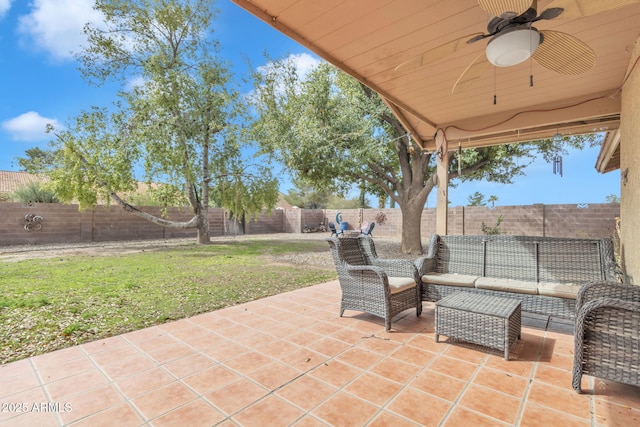 15210 S Country Club Way, Arizona City, AZ 85123 - view of patio / terrace featuring a ceiling fan, a fenced backyard, and an outdoor hangout area