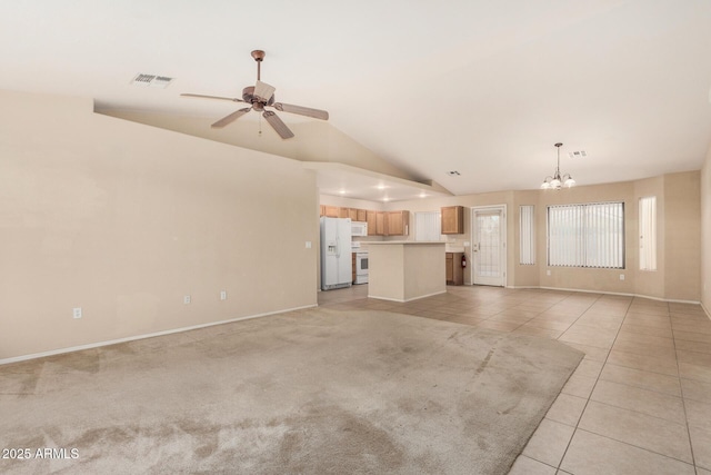 8271 W Cypress Point Cir, Arizona City, AZ 85123 - unfurnished living room with light tile patterned floors, vaulted ceiling, a chandelier, and ceiling fan