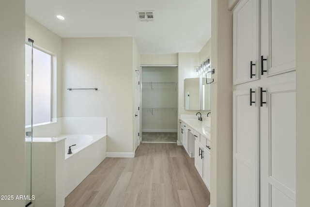 bathroom with a bathing tub, vanity, and wood-type flooring